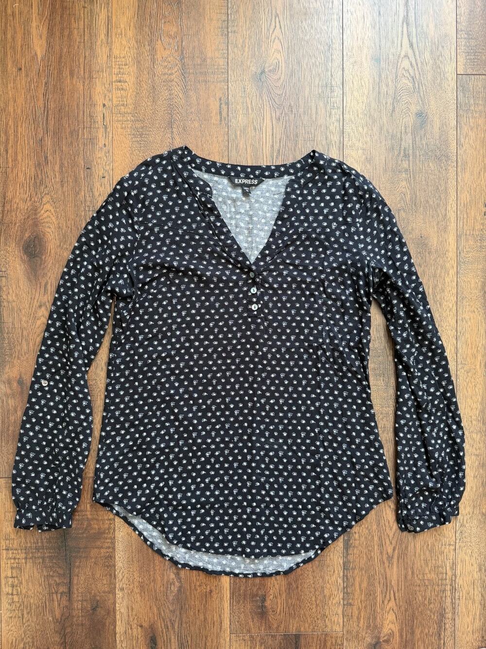 Express XS Black Print V Neck Long Sleeve Workwear Office Siren Blouse